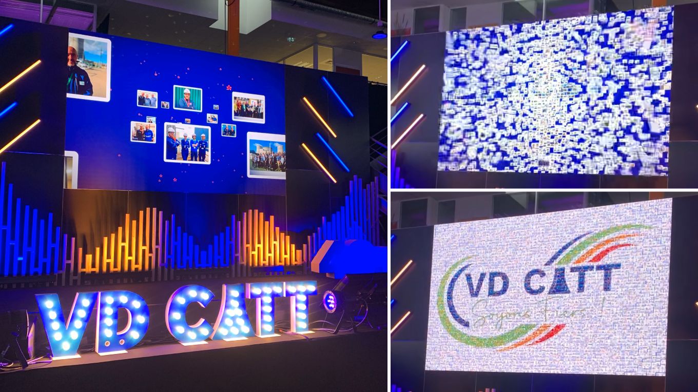 Looping photo mosaic installation reveals company logo with participant photos on event screen