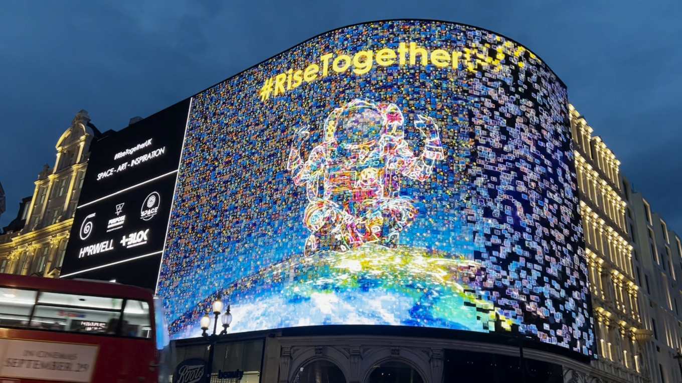 A video depicting the creation of planet Earth in the form of a mosaic of children’s drawings was shown on the giant screen at Piccadilly Circus during World Space Week