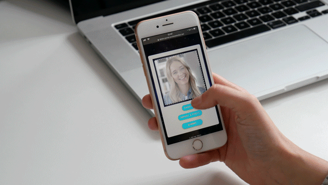 The participant uses the VIRTUAL PHOTOBOOTH to take a selfie and to personalize it with backgrounds, overlays and stickers.