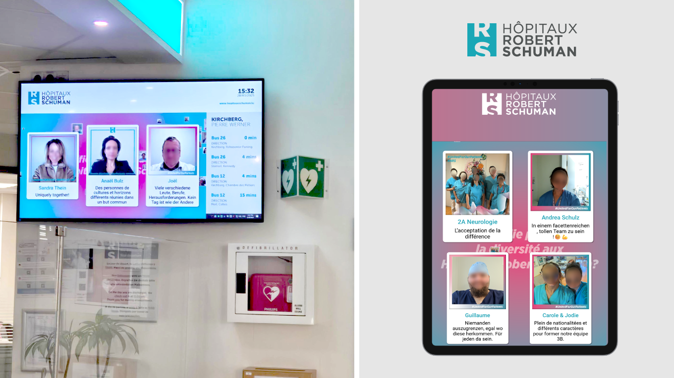 Online-Diashow für die Lobby der Krankenhausgruppe Hôpitaux Robert Schuman während der Woche der Diversität.