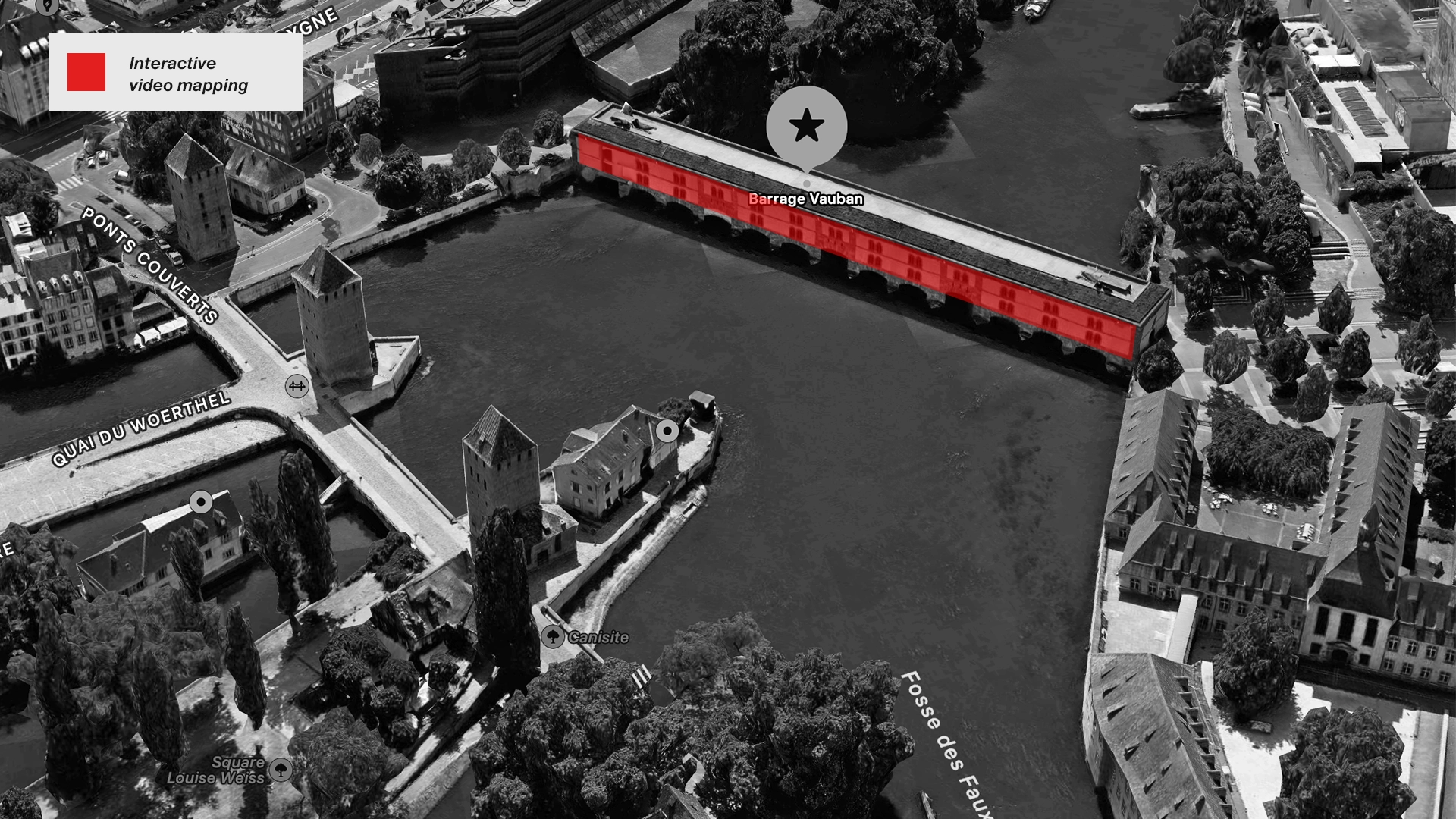 Aerial view of the Vauban dam for interactive video mapping