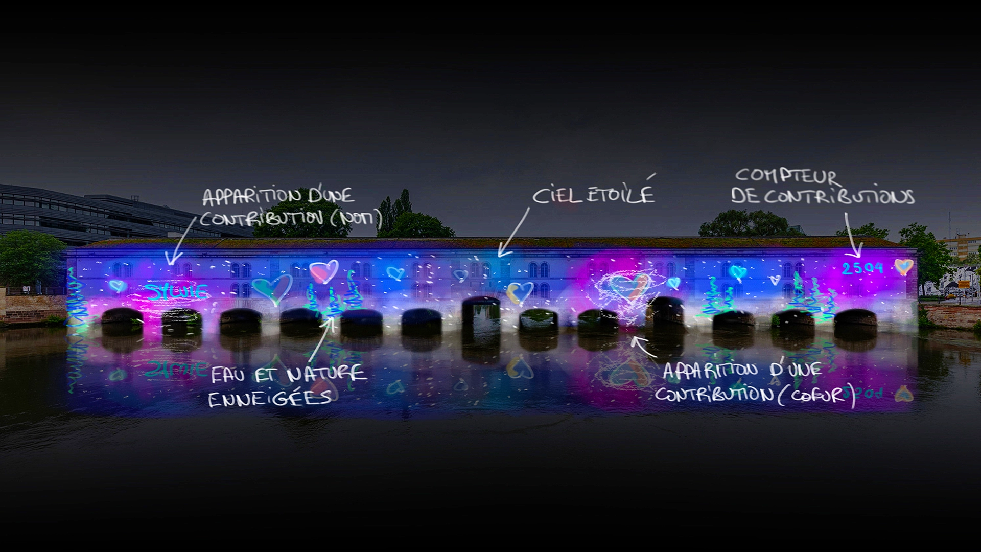 Concept of interactive video mapping on the Vauban dam