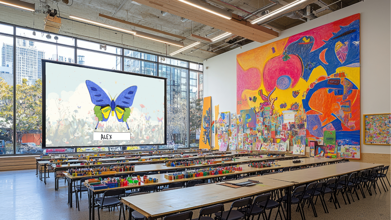 Un papillon colorié s’anime sur le grand écran d’un atelier de dessin
