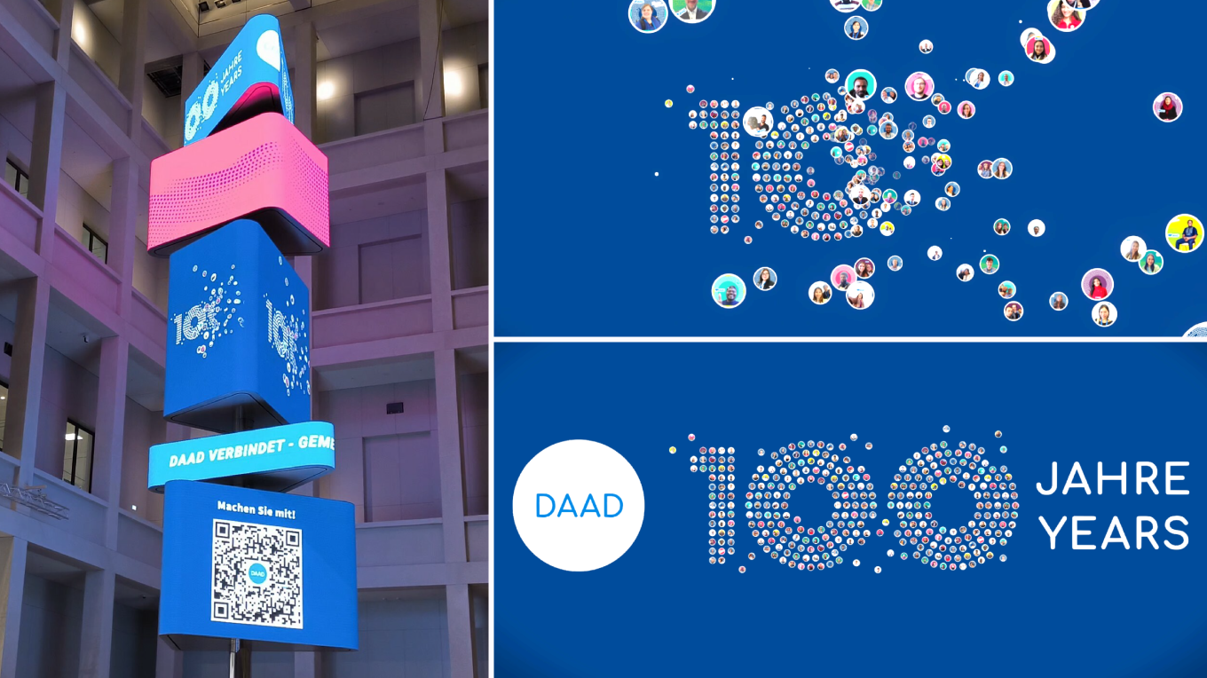 The loop mosaic photo installation displayed on LED screens in Berlin’s Humboldt Forum to mark 100 years of DAAD