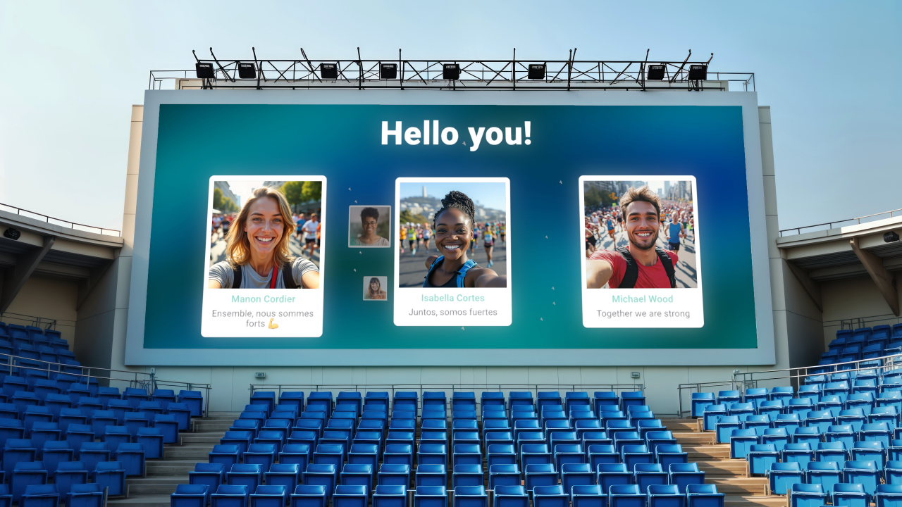 Real-time display of fans selfies in a loop mosaic photo on a sports stadium screen
