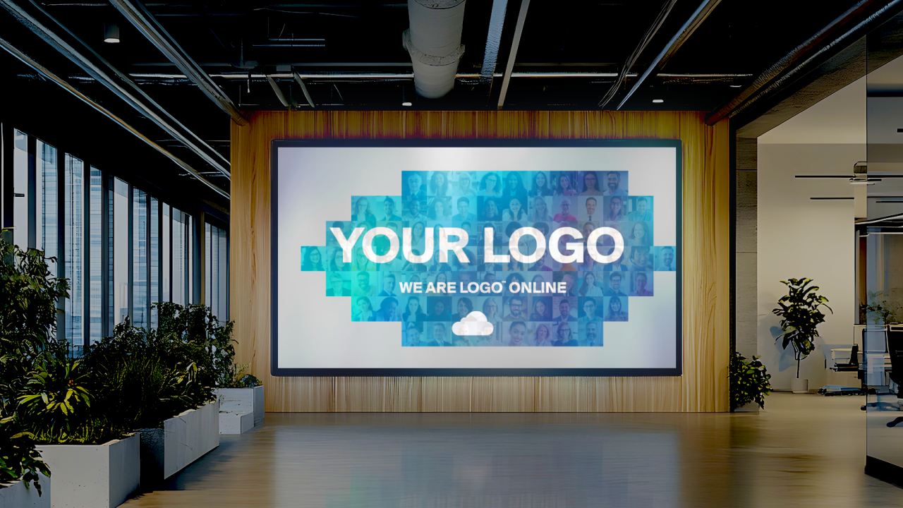Online photo mosaic application broadcast on a screen in a company lobby