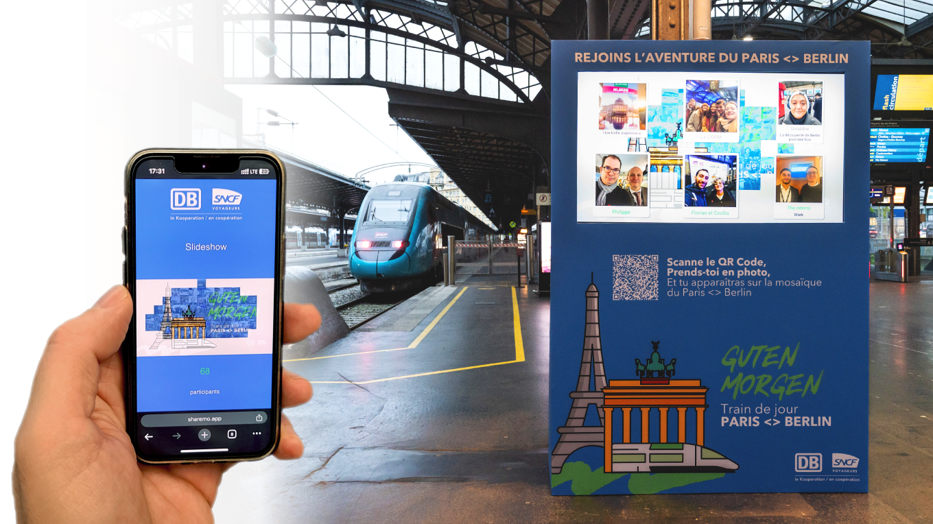 Online photo mosaic displayed on a screen at Gare de l’Est in Paris and on travelers’ phones for the inauguration of the SNCF and DB Paris-Berlin TGV line