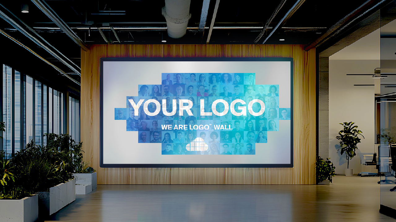 Online photo mosaic wall broadcast on a screen in a company lobby